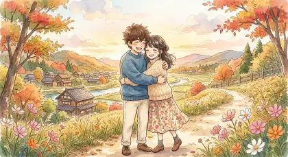 水彩动漫，手绘，情侣，站着，动作不限，场景不限，温馨治愈，水彩手绘。