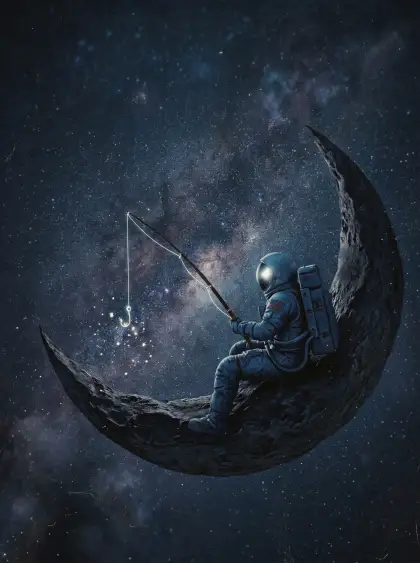 A lonely astronaut sitting on a crescent moon fishing for stars, deep space back