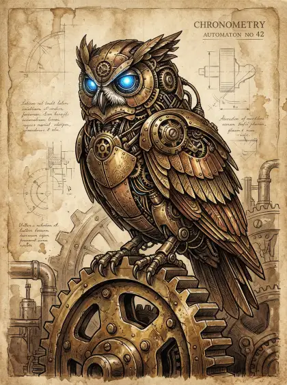 Steampunk mechanical owl with glowing blue eyes, sitting on a brass gear, vintag