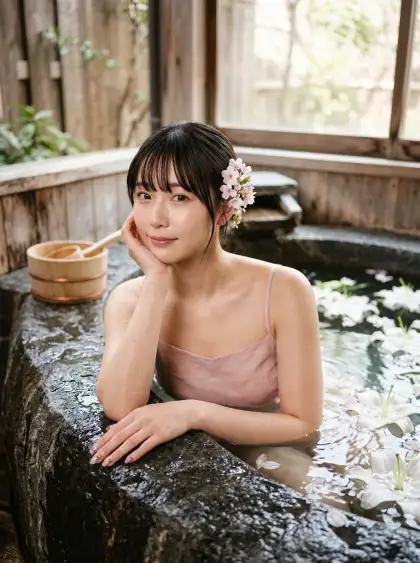 photorealistic portrait of a beautiful young Asian woman soaking in a large dark