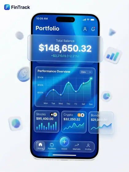 financial investment mobile app UI design C4D style blue gradient interface, flo