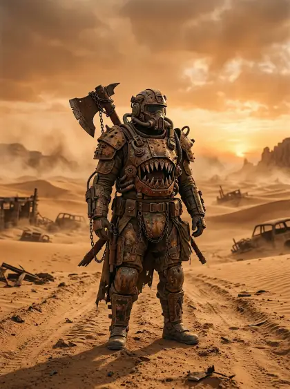 cinematic wide shot lone warrior in sandy wasteland wearing bulky armor made fro