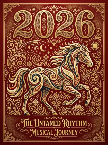 flat illustration poster album cover with huge title 2026, abstract horse graphi