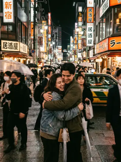high resolution photography, candid shot, couple hugging at a complicated street
