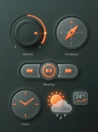 neumorphism 3D UI icons translucent buttons circular knobs volume compass playba