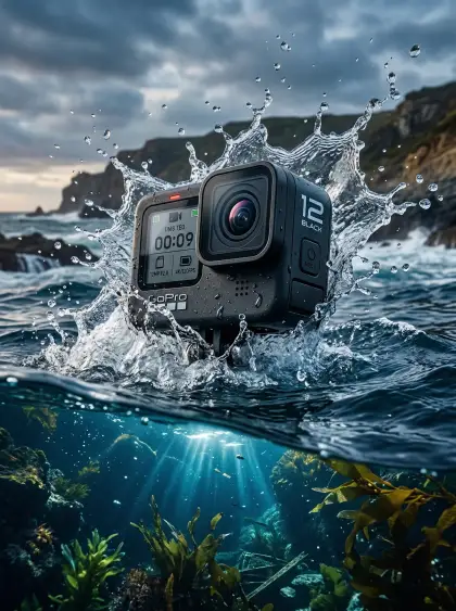 product render black matte action camera bursting out of water, lens facing forw