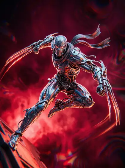 liquid metal war god mech ninja assassin leaping attack pose with claw blades, r