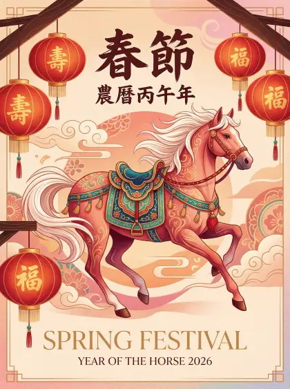 Chinese New Year poster illustration Year of the Horse 2026, elegant pink reddis