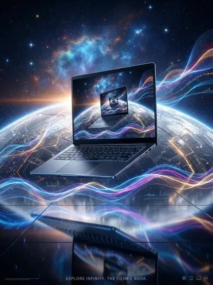 commercial product scene poster floating laptop above silver planet surface, lap