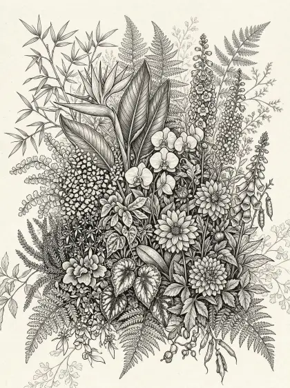 master level pen ink botanical illustration, dense full composition plants inclu