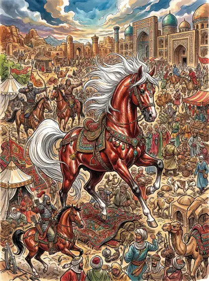 Kim Jung Gi inspired illustration style high saturation complex composition red