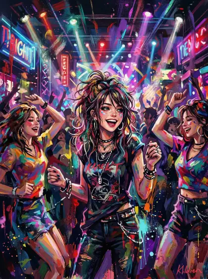 Kildren风格，青年，眼睛晶螢剔透，头髮有点凌乱美，打扮時尚，和朋友一起去蹦迪，夢幻描述，光影交错，色彩斑斓，随意用色，涂抹效果，艺术。