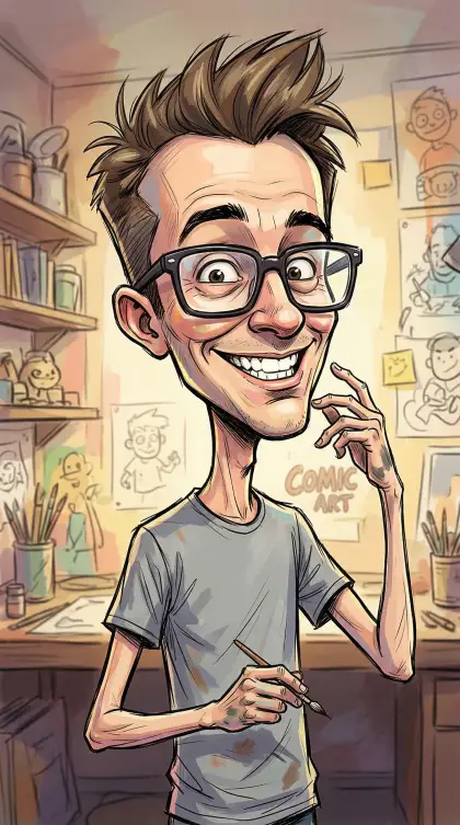 漫画中的人物，漫画艺术，漫画现实主义，漫画摄影，漫画风格，一幅穿着灰色t桖戴着宽框大眼镜的男人的肖像，露牙笑，二头身，滑稽夸张的表情，幽默和古怪的特征，大头，细